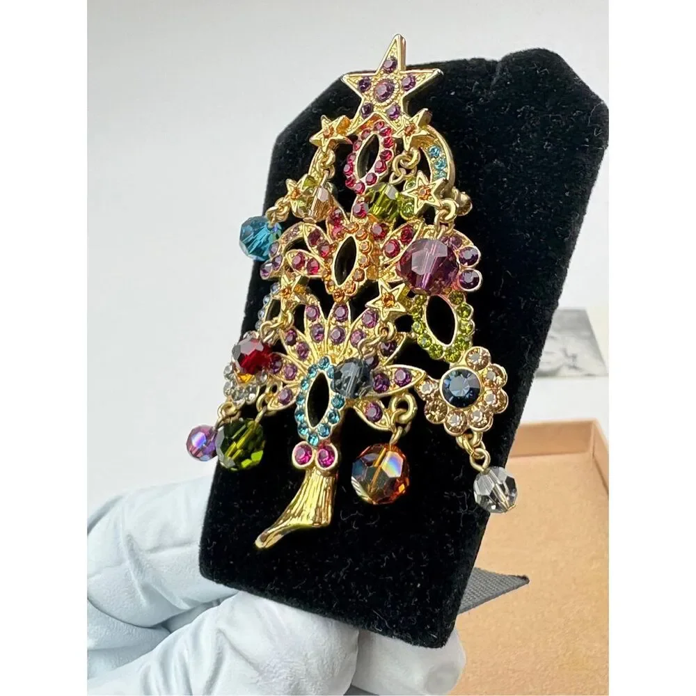 NOS Vintage Kirks Folly Christmas Tree Brooch Dangling Rhinestones Crystals AX26